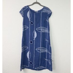 Puro Lino Linen Tunic Dress Blue Fish Print Midi Made In Italy Lagenlook Boho M